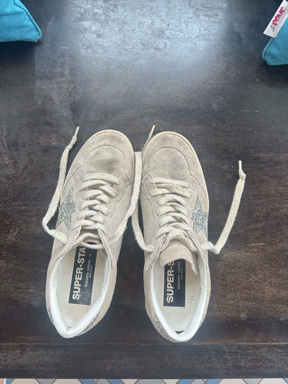 Women's Golden Goose Suede Lace-Up Sneakers in Light Beige with Glitter Star